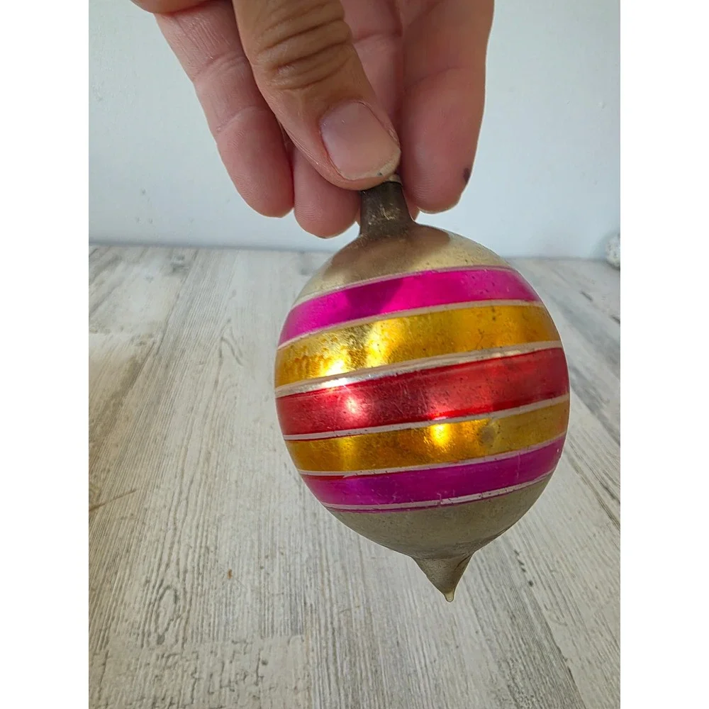 Vintage Japan teardrop rainbow AS IS striped gold pink ornament Xmas tree